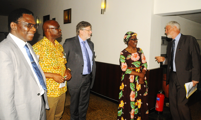  Mr William Hanna (right), Head of European Union Delegation in Accra, interacting with Ms Beatrice Njenga (2nd right), Head of the Education Division of the African Union, at a meeting in Accra. Those in the picture include Professor Mohammed Salifu(2nd left), Executive Secretary of the National Council for Tertiary Education and other officials. Picture: GABRIEL AHIABOR
